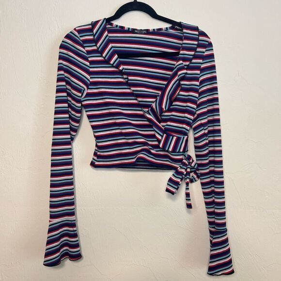 Nasty Gal Striped Crop Ruffle Vneck Bell sleeve - Picture 2 of 4
